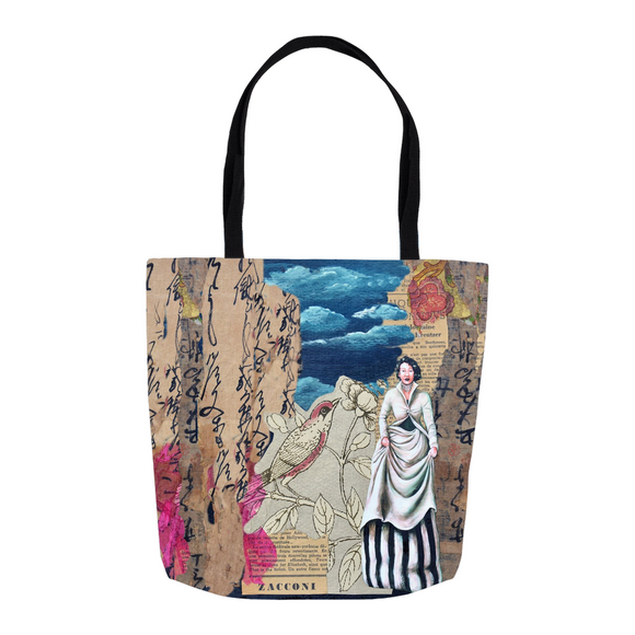 Cynthia Tom's digital mixed media collage and painting on a tote bag.